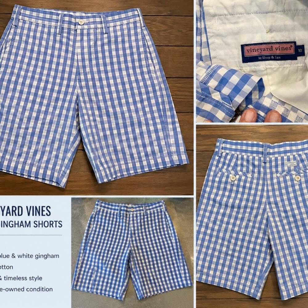 Vineyard Vines Blue and White Gingham Cotton Shorts Size 10